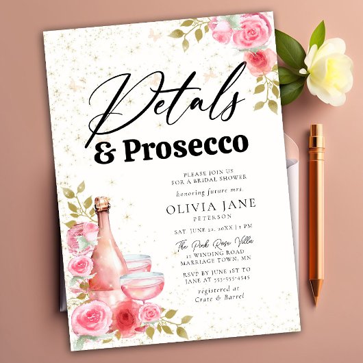 Invitation Pétales Prosecco Roses Rose Fête des mariées or