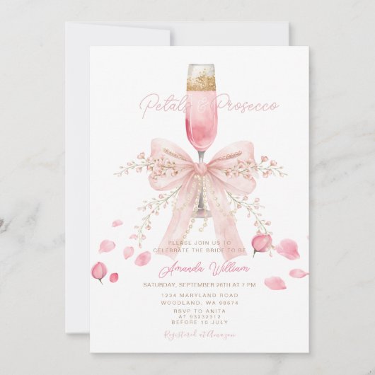 Invitation Petals and Prosecco Blush Bow Petals Bridal Shower (Devant)