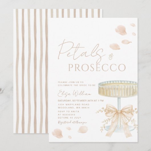 Invitation Petals and Prosecco Ivory Bow Bridal Shower (Devant / Derrière)