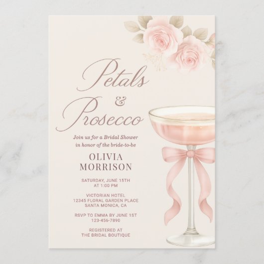 Invitation Petals & Prosecco Champagne Bow Bridal Shower (Devant)
