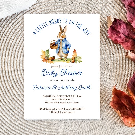 Invitation Peter lapin avec des glands baby shower d'automne