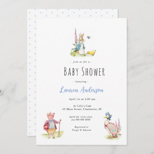 Invitation Peter le lapin Beatrix Potter Baby shower (Devant / Derrière)