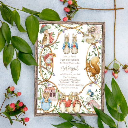 Invitation Peter le lapin Beatrix Woodland Twins Baby Showe