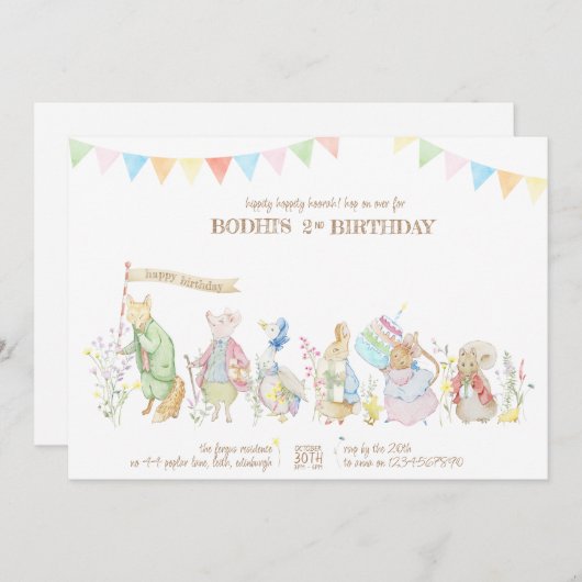 Invitation Peter le lapin et les amis Parade d'anniversaire (Devant / Derrière)