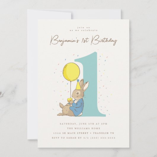 Invitation Peter Rabbit 1er Anniversaire Confetti (Devant)