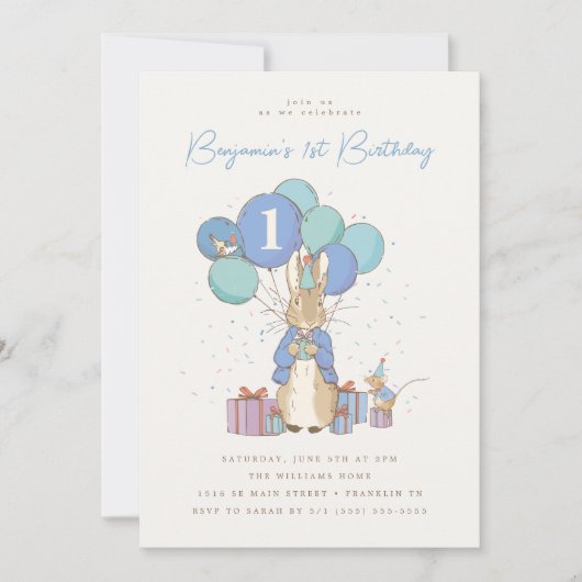 Invitation Peter Rabbit 1er anniversaire Confetti bleu (Devant)