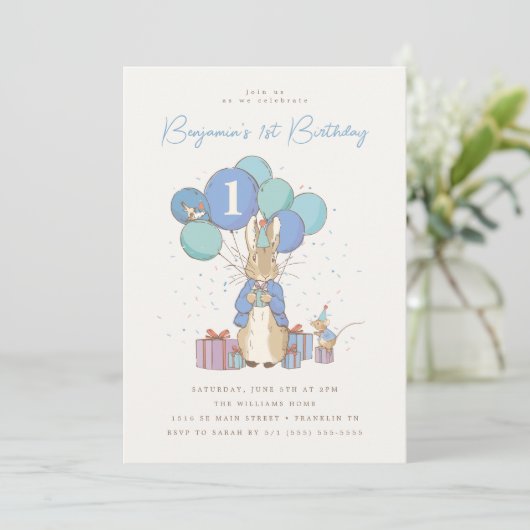 Invitation Peter Rabbit 1er anniversaire Confetti bleu (Debout devant)