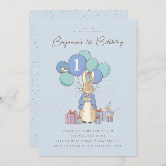 Invitation Peter Rabbit 1er anniversaire Confetti bleu (Devant / Derrière)