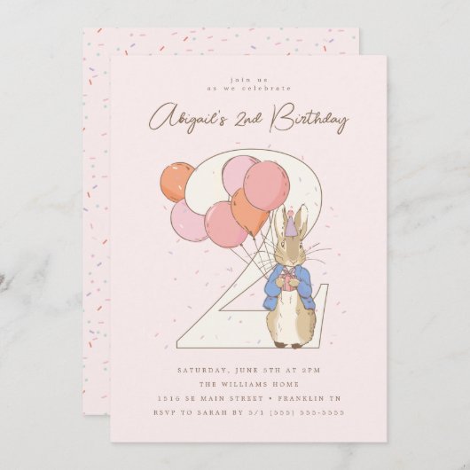 Invitation Peter Rabbit 2e anniversaire Confetti rose (Devant / Derrière)