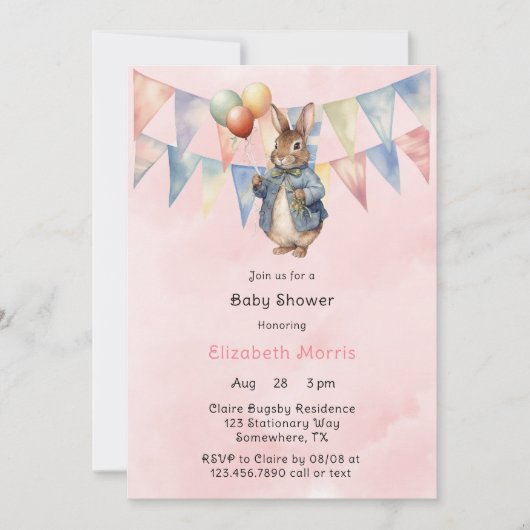 Invitation Peter Rabbit Aquarelle bébé fille douche (Devant)