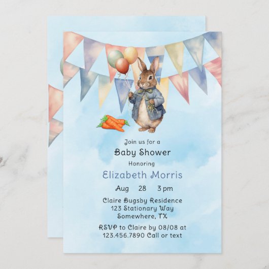 Invitation Peter Rabbit Aquarelle bébé garçon douche (Devant / Derrière)