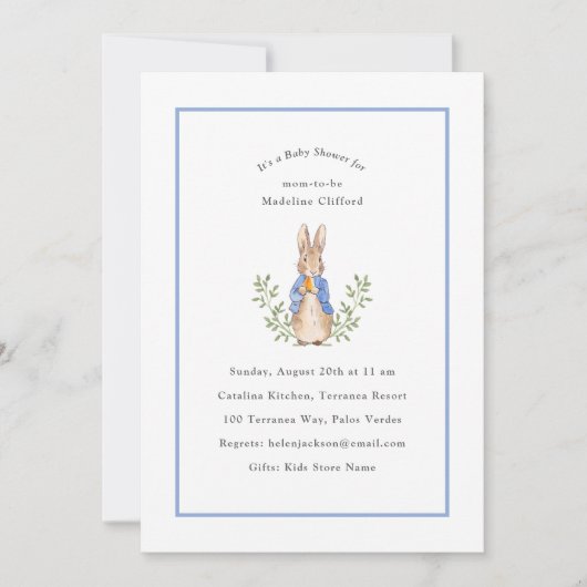Invitation Peter Rabbit Baby shower Vintage bleu (Devant)