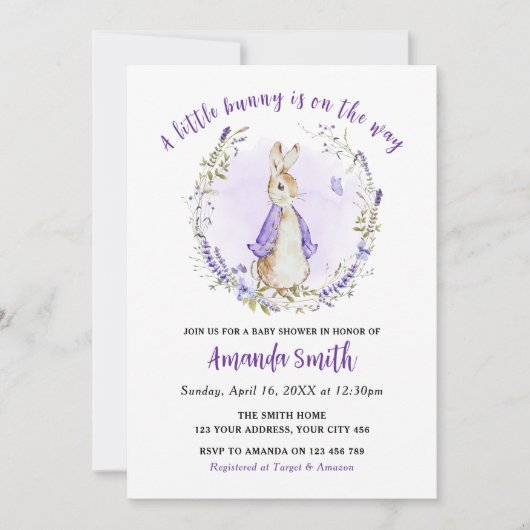 Invitation Peter Rabbit Baby shower violet (Devant)