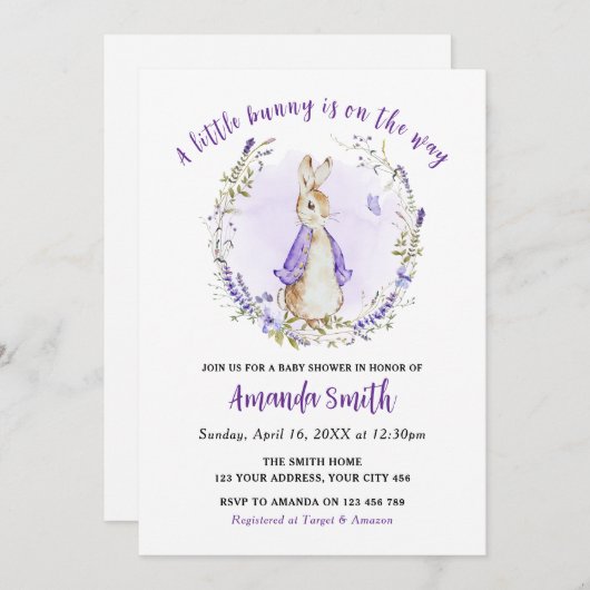 Invitation Peter Rabbit Baby shower violet (Devant / Derrière)