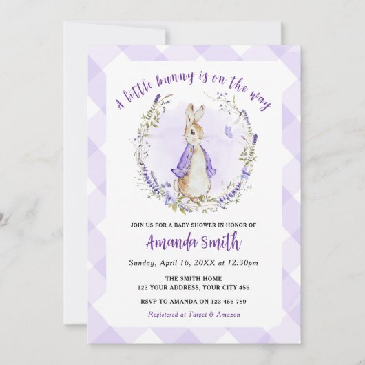 Invitation Peter Rabbit Baby shower violet (Devant)