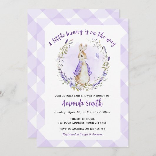 Invitation Peter Rabbit Baby shower violet (Devant / Derrière)