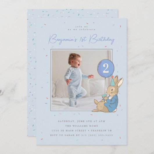 Invitation Peter Rabbit Boy's Birthday BlueConfetti - Photo (Devant / Derrière)