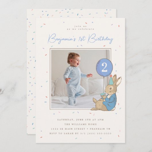 Invitation Peter Rabbit Boy's Birthday BlueConfetti - Photo (Devant / Derrière)