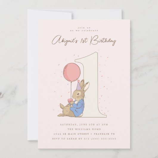 Invitation Peter Rabbit fille 1er anniversaire Confetti rose (Devant)