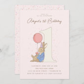 Invitation Peter Rabbit fille 1er anniversaire Confetti rose (Devant / Derrière)
