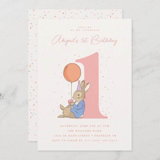 Invitation Peter Rabbit fille 1er anniversaire Confetti rose (Devant / Derrière)