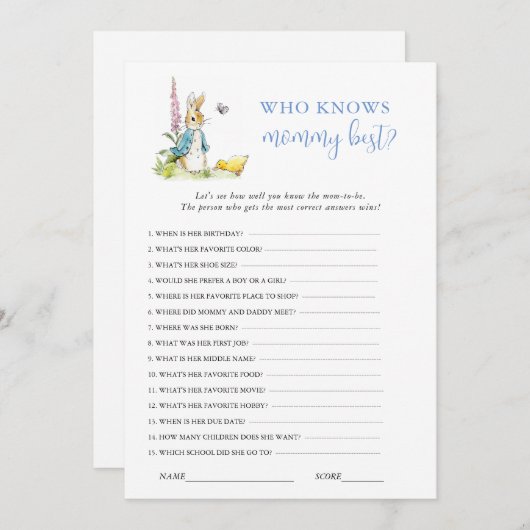 Invitation Peter Rabbit jeu de Baby shower (Devant / Derrière)