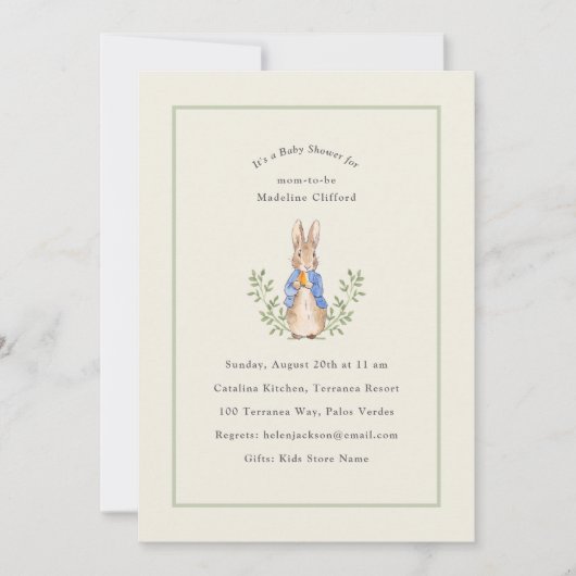 Invitation Peter Rabbit Sage Green Baby shower Vintage (Devant)