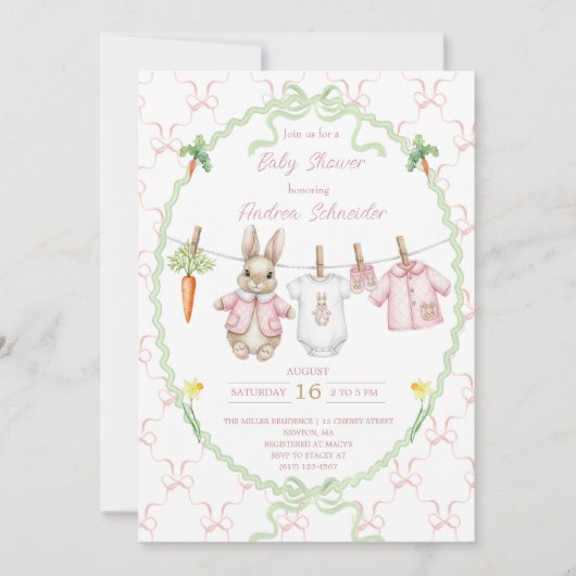 Invitation Peter the Rabbit Girl Clothesline Baby Shower (Devant)