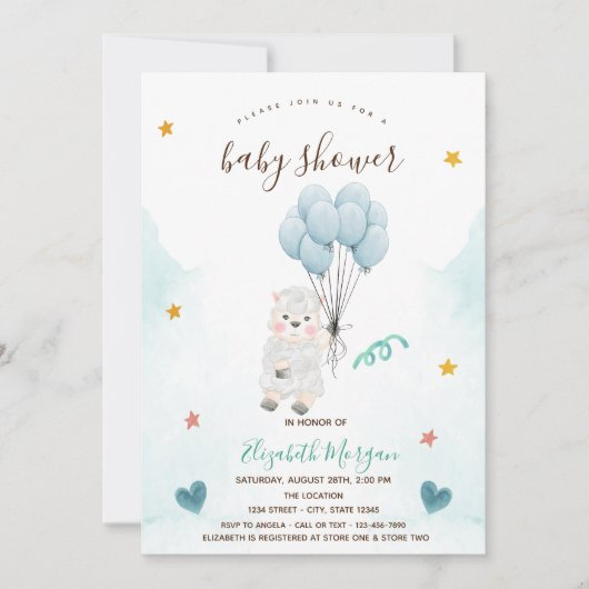 Invitation Petit agneau Baby shower bleu mouton (Devant)