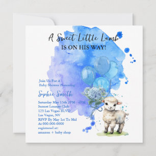 Invitation Petit Agneau doux Baby shower Carré bleu