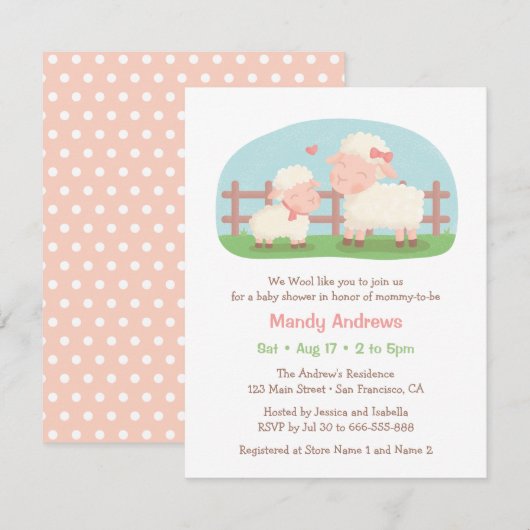Invitation Petit agneau et Baby shower de ferme maman (Devant / Derrière)