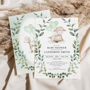 Invitation Petit agneau Eucalyptus Verdure Baby shower de cou