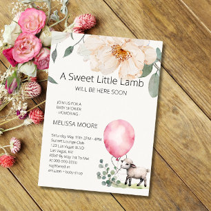 Invitation Petit Agneau rose doux vert Balloon