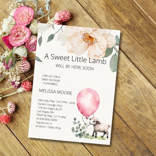 Invitation Petit Agneau rose doux vert Balloon