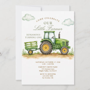 Invitation Petit agriculteur tracteur vert Sage 1er anniversa