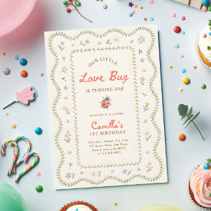Invitation Petit amour insecte coccinelle fille premier anniv