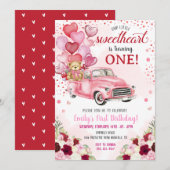 Invitation Petit Amour Ours Rose Coeurs Camion Anniversaire (Devant / Derrière)