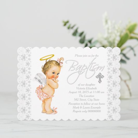 Invitation Petit ange Bébé Fille Baptême (Debout devant)