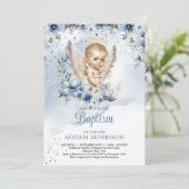Invitation Petit ange garçon et couronne florale bleu poussié (Debout devant)