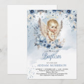 Invitation Petit ange garçon et couronne florale bleu poussié (Devant / Derrière)