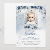 Invitation Petit ange garçon et couronne florale bleu poussié (Devant / Derrière)