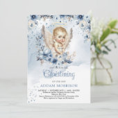 Invitation Petit ange garçon et couronne florale bleu poussié (Debout devant)