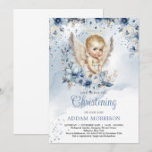 Invitation Petit ange garçon et couronne florale bleu poussié (Devant / Derrière)