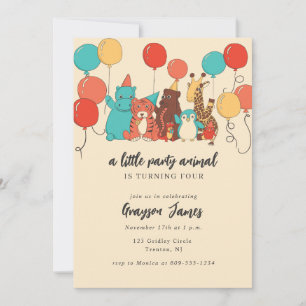 Invitation Petit animal de fête Ours, Girafe, Anniversaire Ti