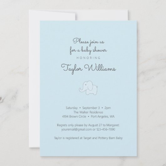 Invitation Petit Arachide Eléphant Bleu Simple bébé Garçon Do (Dos)