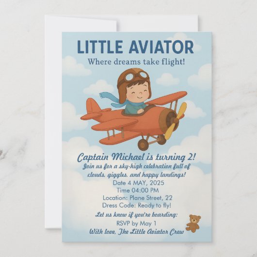 Invitation Petit Aviateur Anniversaire mignon Avion enfant (Devant)