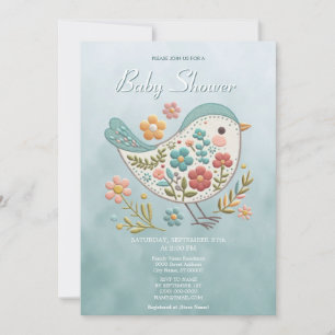 Invitation Petit Baby shower aux fleurs roses Bleues d'oiseau