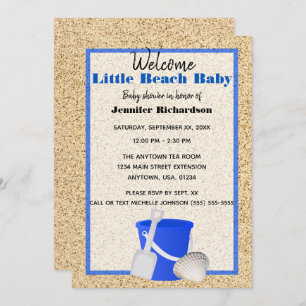 Invitation Petit Baby shower Bébé de plage de sable bleu