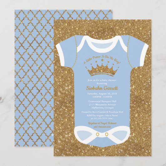 Invitation Petit Baby shower Bleu Bébé et Royal Gold (Devant / Derrière)