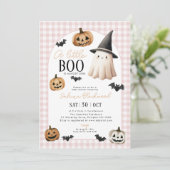 Invitation Petit Baby shower Boo Citrouille Fantôme rose (Debout devant)
